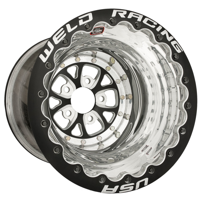 Weld V-Series 15x11 / 5x4.75 / 4 BS / 3.18 HB - Black Center - Polished Shell - Black DBL MT Wheel