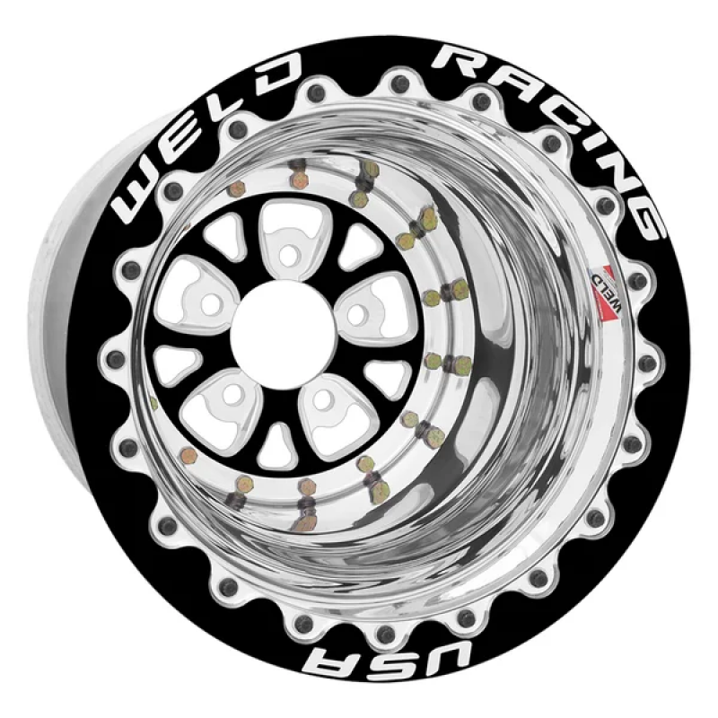 Weld V-Series 15x9 / 5x4.75 / 4 BS / 3.18 HB - Black Center - Polished Shell - Black SBL MT Wheel