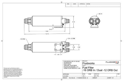 Fluidworks Dual Outlet -12AN / Single -16AN Inlet Fuel Post Filter w/ mount (10 Micron) 27-176